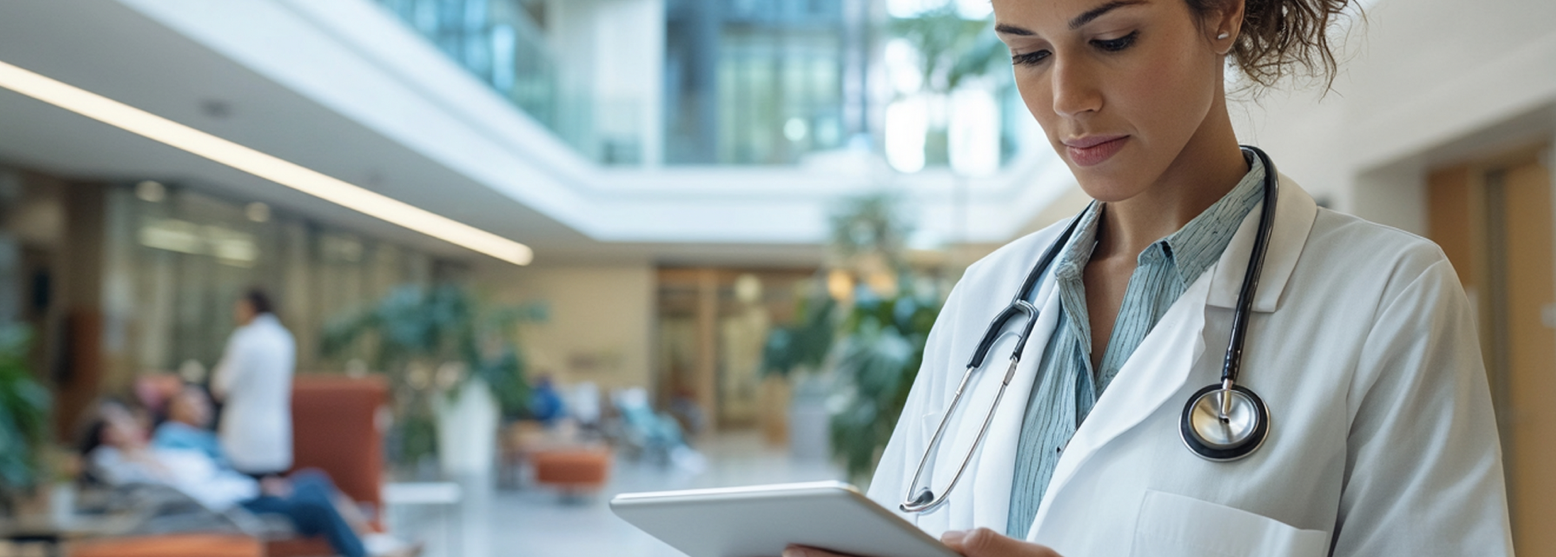 female-doctor-with-stethoscope-reading-tablet-hospital 1